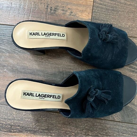 Karl Lagerfeld Paris Blue Suede Hettie Tassel Slip On Mule Heel Size 5.5 - Picture 2 of 12